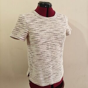 Anthropologie Postmark Womens Tweed Top XS Petite Short Sleeve Metallic Gold